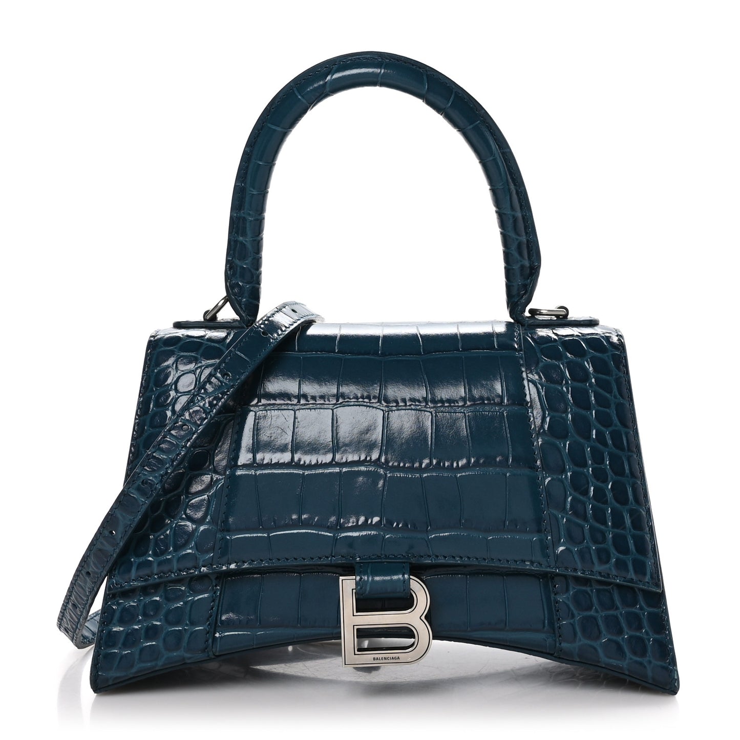 Shiny Calfskin Crocodile Embossed Small Hourglass Top Handle Bag Dark Petrol Blue