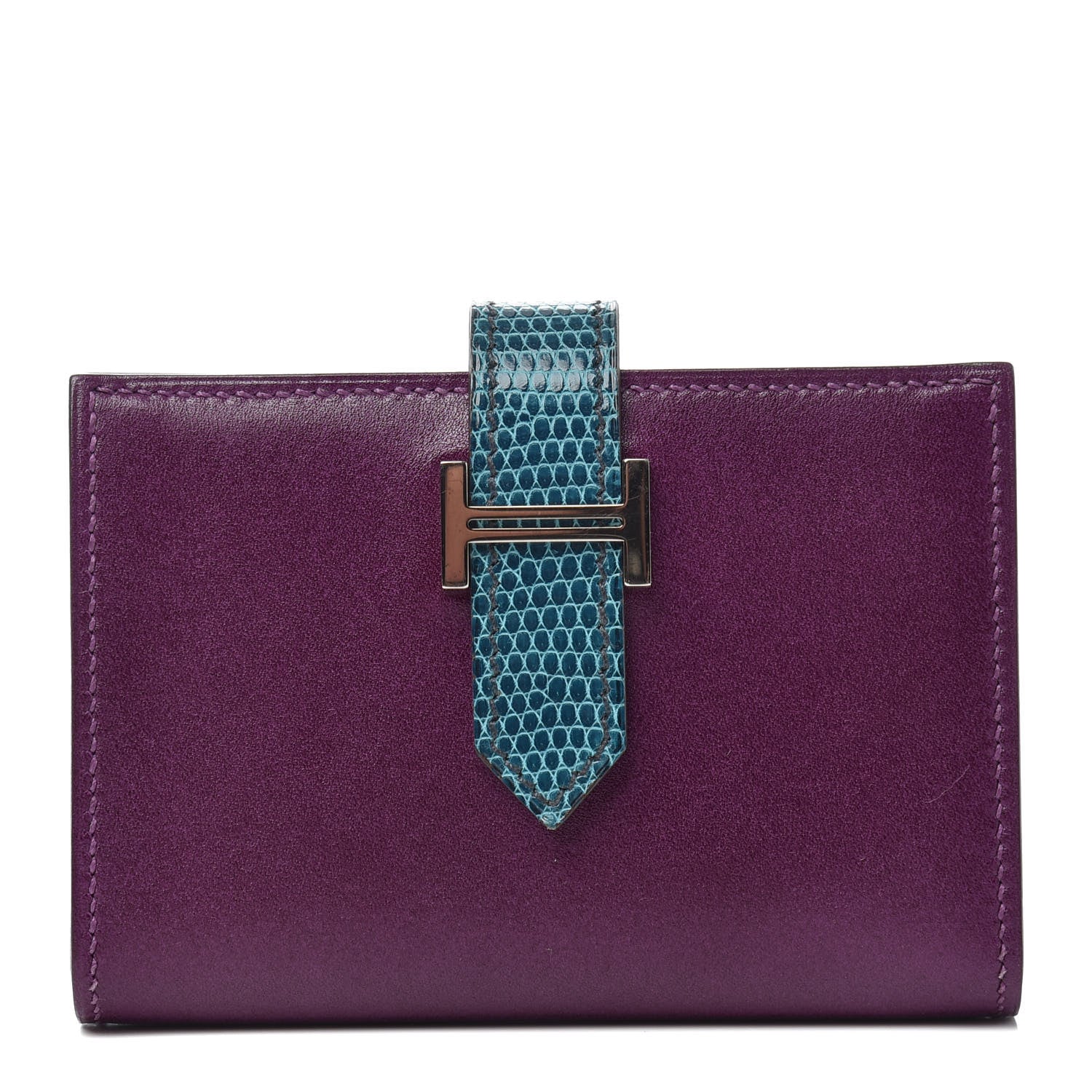 Hermes Tadelakt Lizard Bearn Card Holder Wallet Violet Bleu Petrole 1 of 6