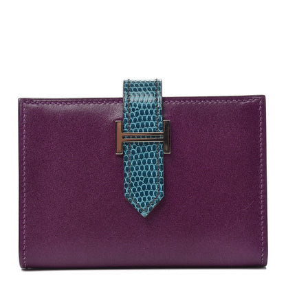 Hermes Tadelakt Lizard Bearn Card Holder Wallet Violet Bleu Petrole 1 of 6