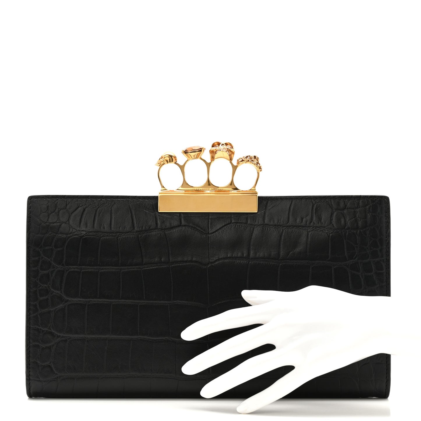 Calfskin Crocodile Embossed Knuckle Flat Clutch Black Gold