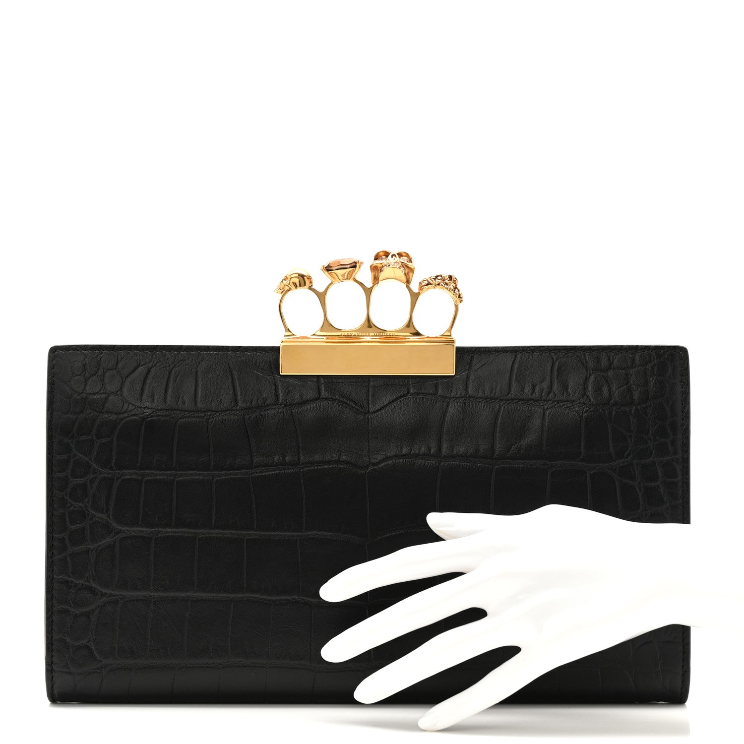 Alexander McQueen Calfskin Crocodile Embossed Knuckle Flat Clutch Black Gold 3 of 16