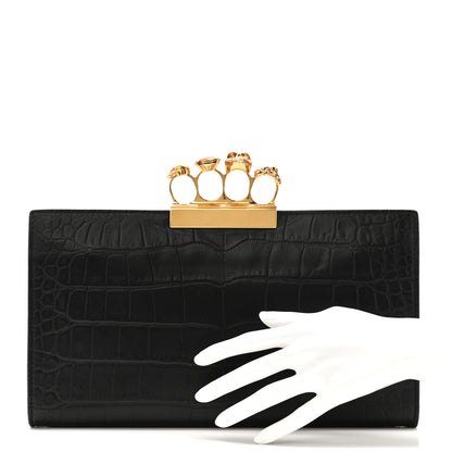 Alexander McQueen Calfskin Crocodile Embossed Knuckle Flat Clutch Black Gold 3 of 16