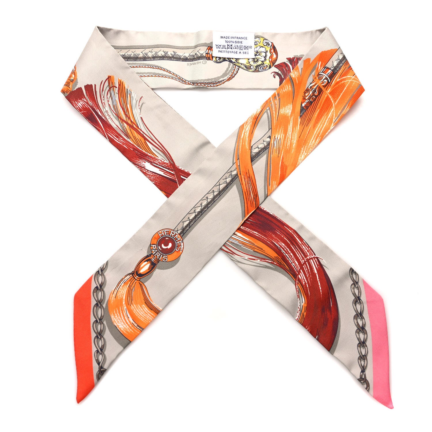 Hermes Silk Cavalcades Twilly Gris Perle Orange Acajou 1 of 3