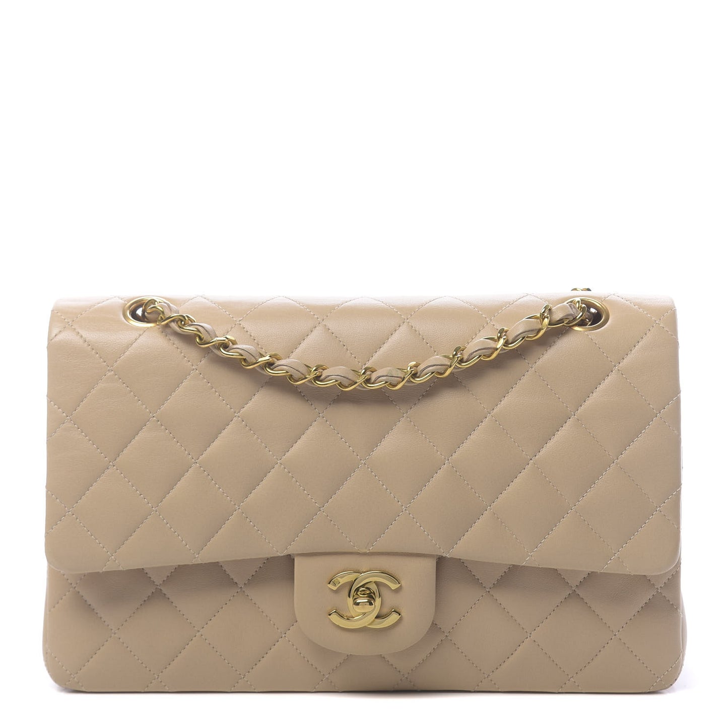Lambskin Quilted Medium Double Flap Beige