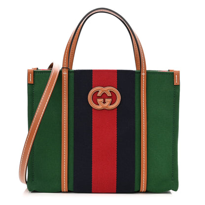 Gucci Canvas Calfskin Web Interlocking G Tote Bag Green 1 of 11