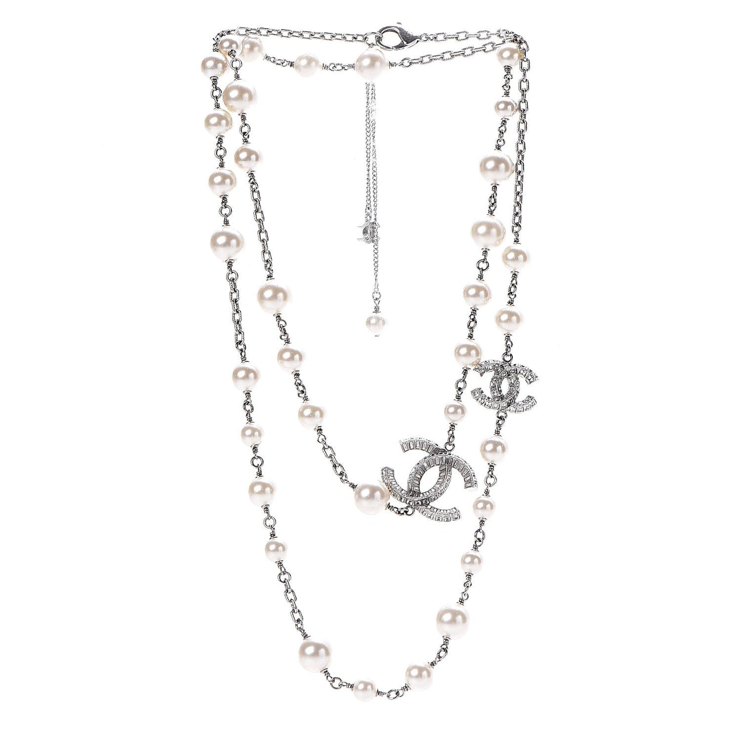 Pearl Baguette Crystal CC Long Necklace Silver