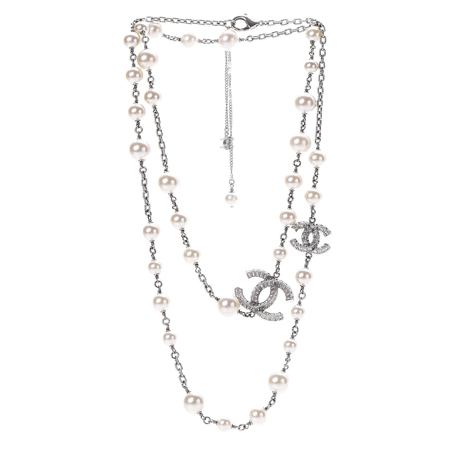 Chanel Pearl Baguette Crystal CC Long Necklace Silver 3 of 4