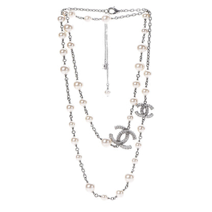 Chanel Pearl Baguette Crystal CC Long Necklace Silver 3 of 4