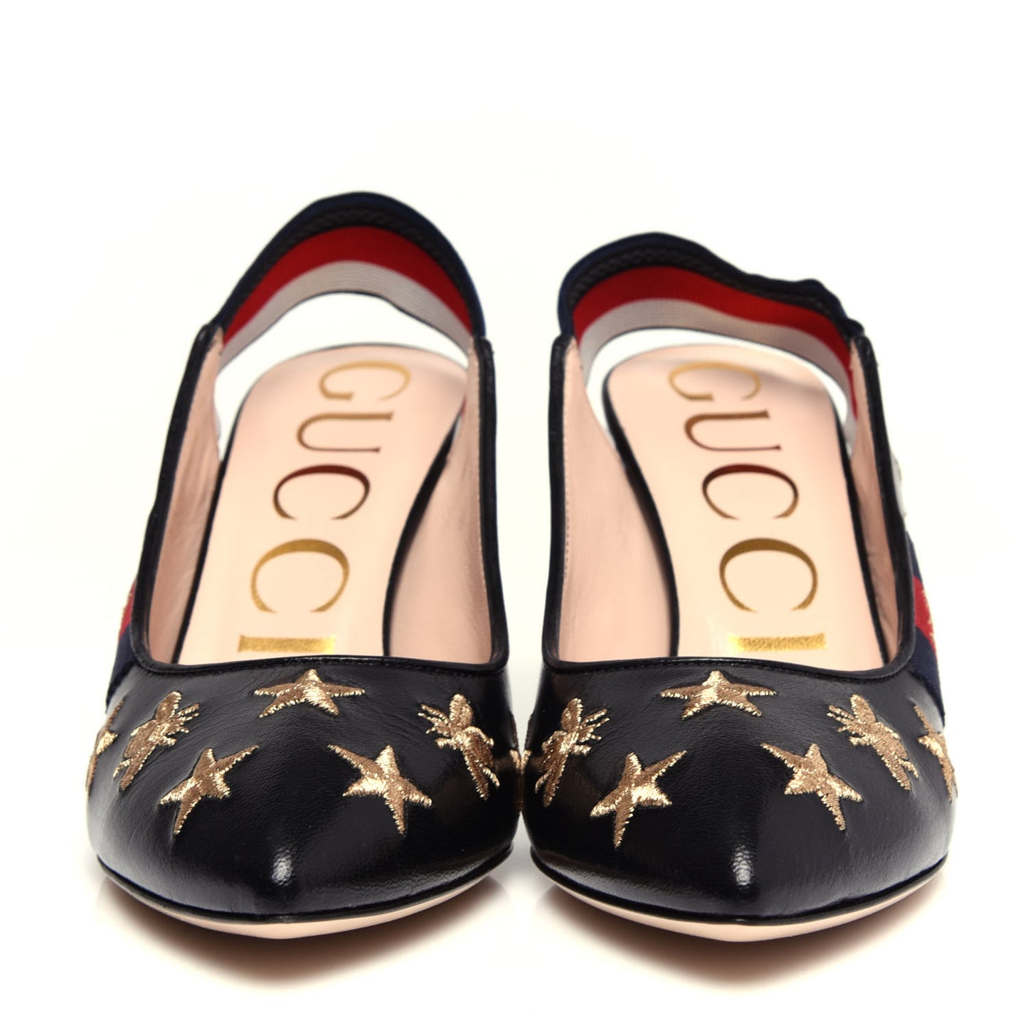 Calfskin Web Bee Star Embroidered Sylvie Mid Heel Slingback Pumps 35.5 Black