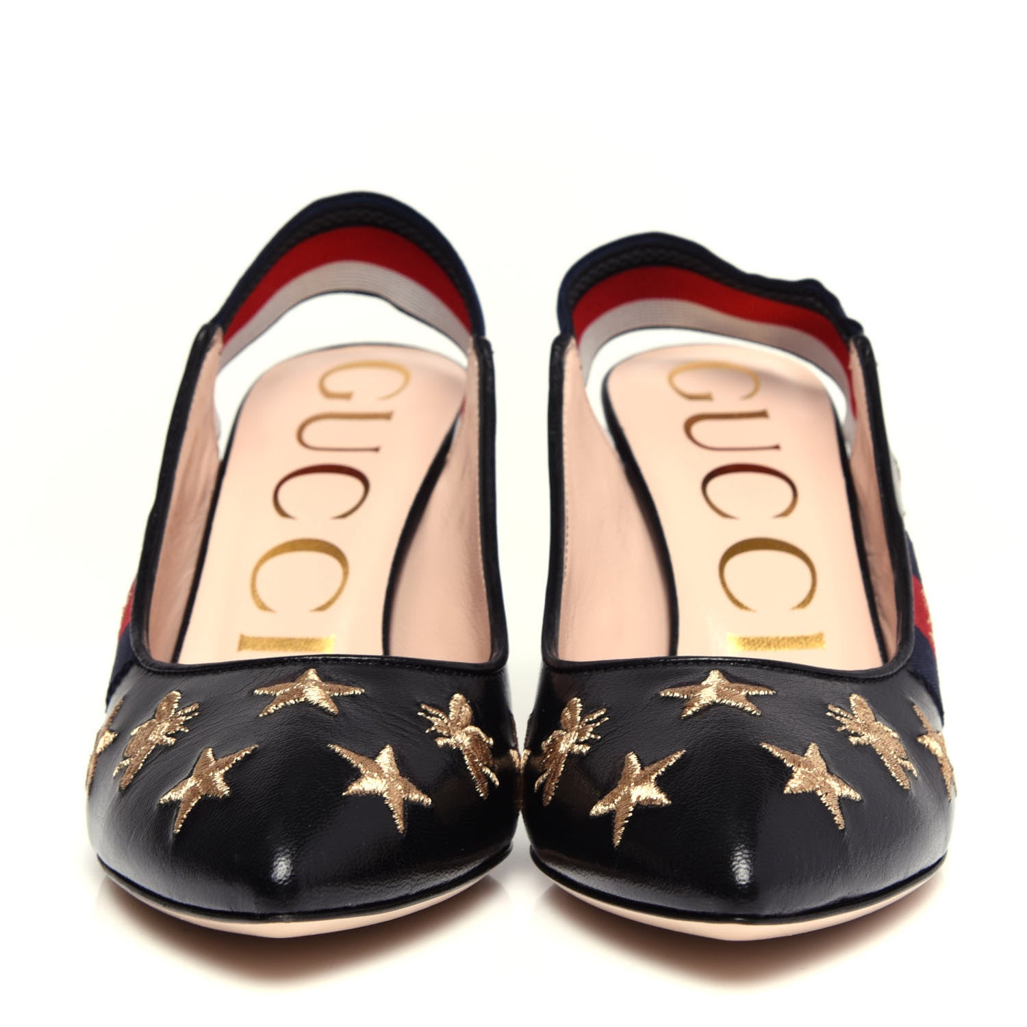 Gucci Calfskin Web Bee Star Embroidered Sylvie Mid Heel Slingback Pumps 35.5 Black 2 of 11