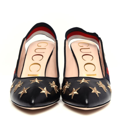 Gucci Calfskin Web Bee Star Embroidered Sylvie Mid Heel Slingback Pumps 35.5 Black 2 of 11