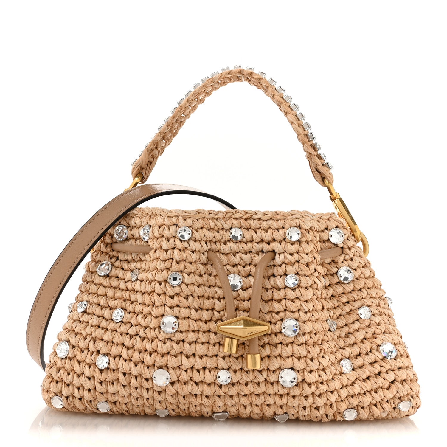 Jimmy Choo Raffia Woven Crystal Small Cinch Bag Natural 1 of 11