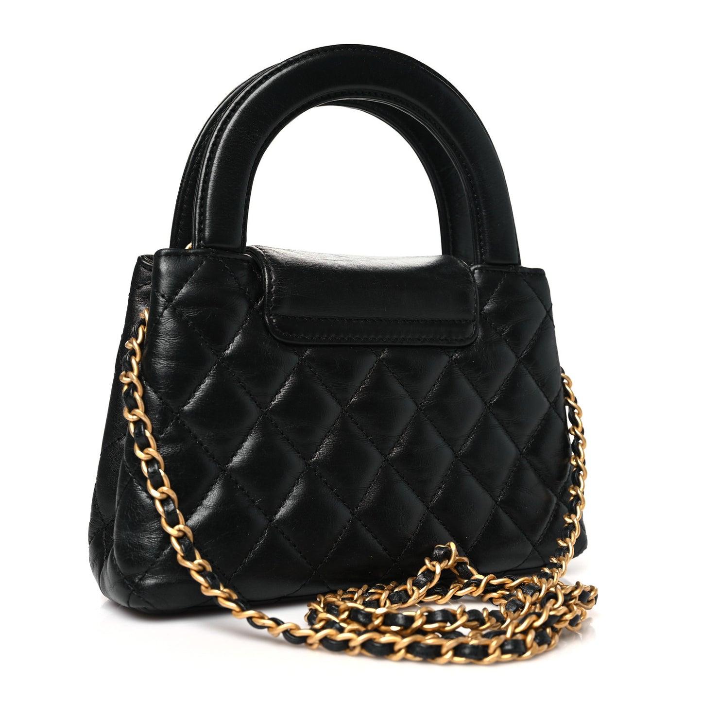 Shiny Aged Calfskin Quilted Nano Kelly Shopper Black