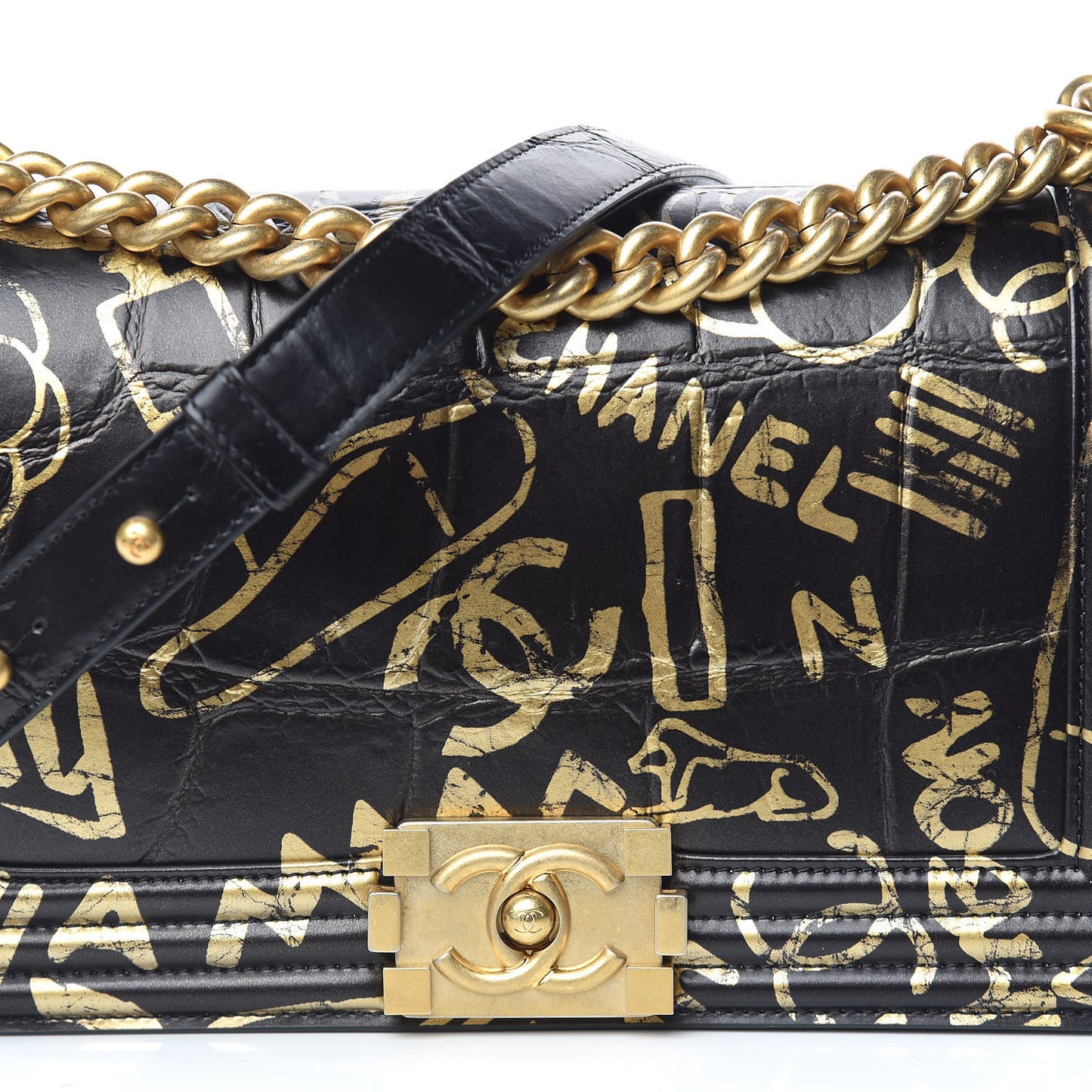 Calfskin Crocodile Embossed Graffiti Cocodile Medium Boy Flap Black