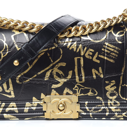 Chanel Calfskin Crocodile Embossed Graffiti Cocodile Medium Boy Flap Black 11 of 11