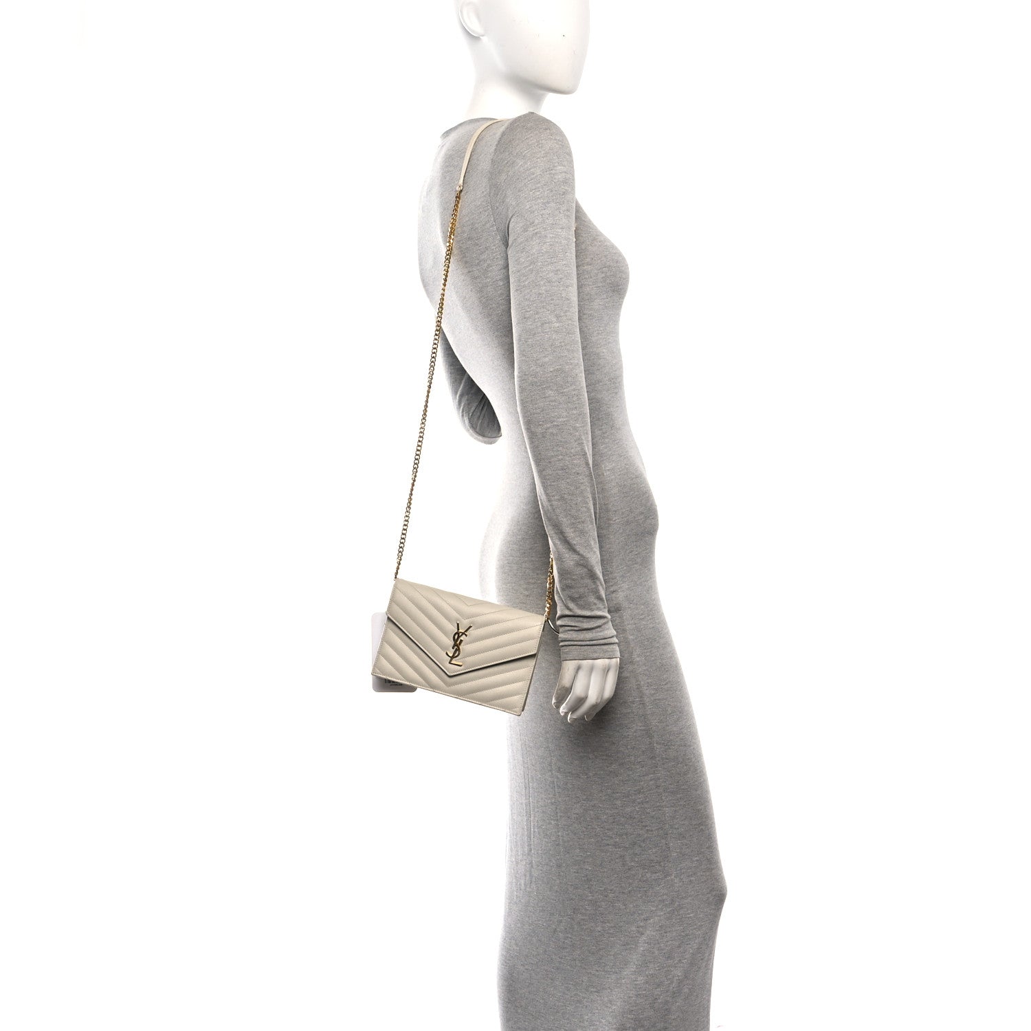 Saint Laurent Grain De Poudre Matelasse Chevron Monogram Envelope Chain Wallet Crema Soft 2 of 10