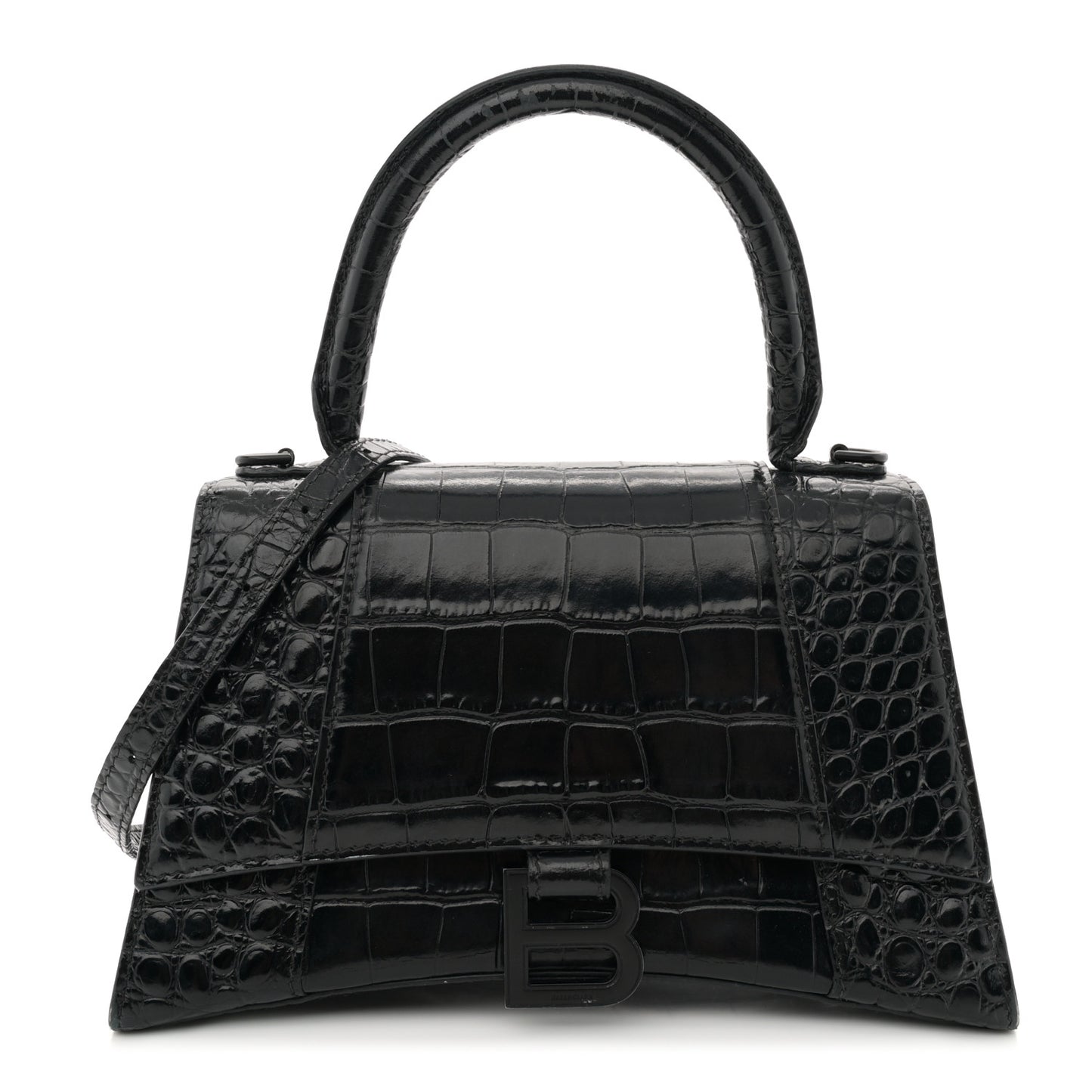 Shiny Calfskin Monochrome Crocodile Embossed Small Hourglass Top Handle Bag Black