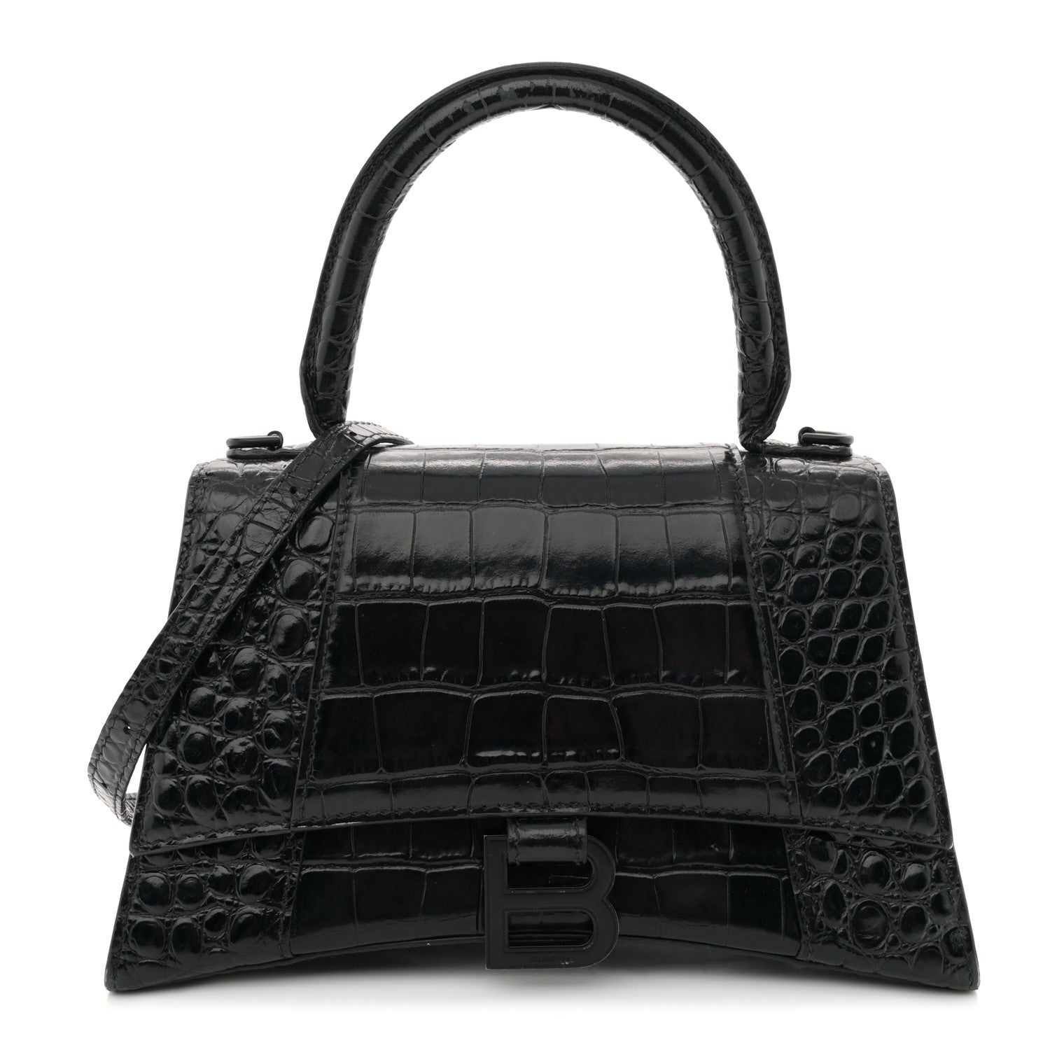 Balenciaga Shiny Calfskin Monochrome Crocodile Embossed Small Hourglass Top Handle Bag Black 1 of 17
