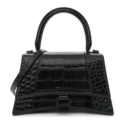 Balenciaga Shiny Calfskin Monochrome Crocodile Embossed Small Hourglass Top Handle Bag Black 1 of 17