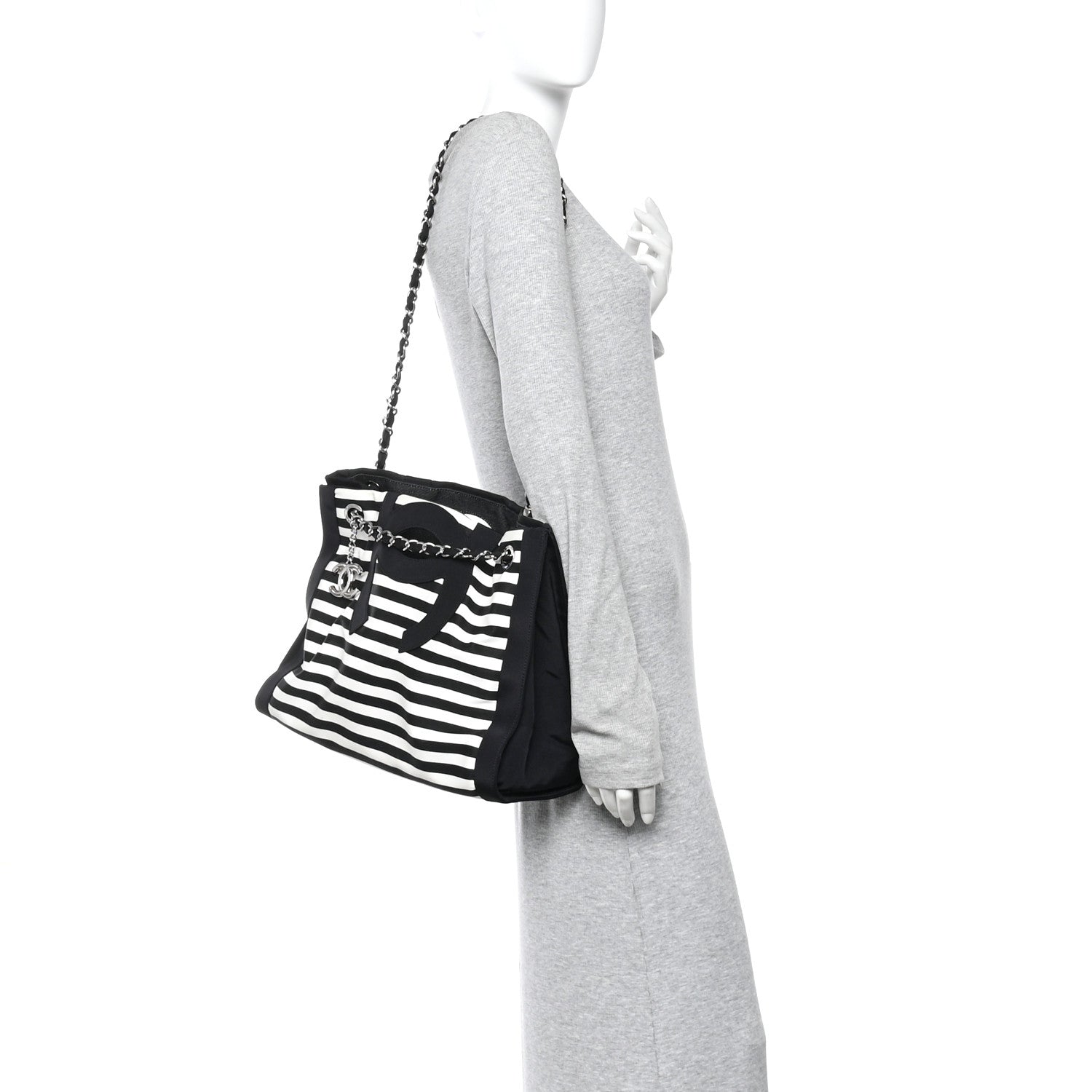 Chanel Canvas Grosgrain Striped CC Shopping Tote Black White 2 of 10