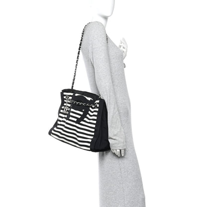 Chanel Canvas Grosgrain Striped CC Shopping Tote Black White 2 of 10