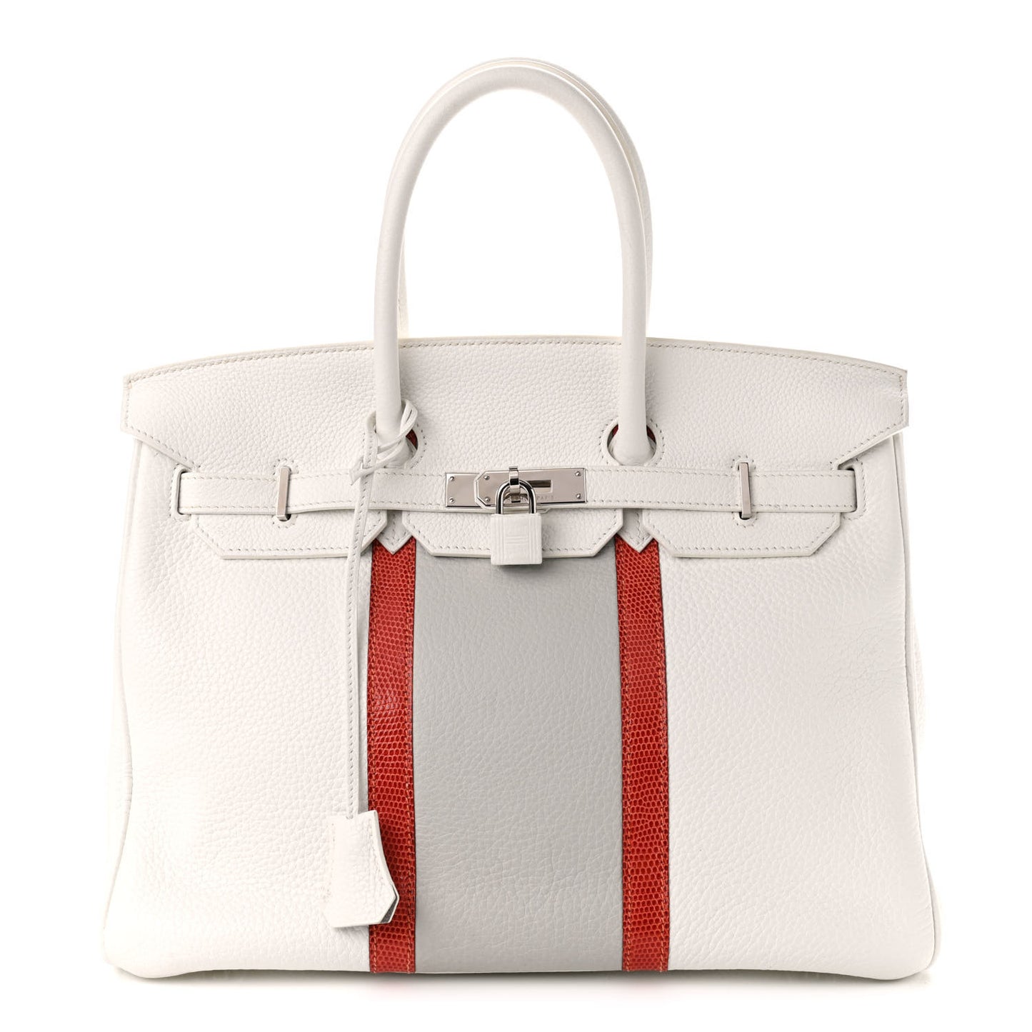 Taurillon Clemence Lizard Club Birkin 35 Blanc Gris Perle Sanguine