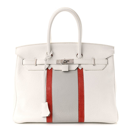 Hermes Taurillon Clemence Lizard Club Birkin 35 Blanc Gris Perle Sanguine 1 of 13