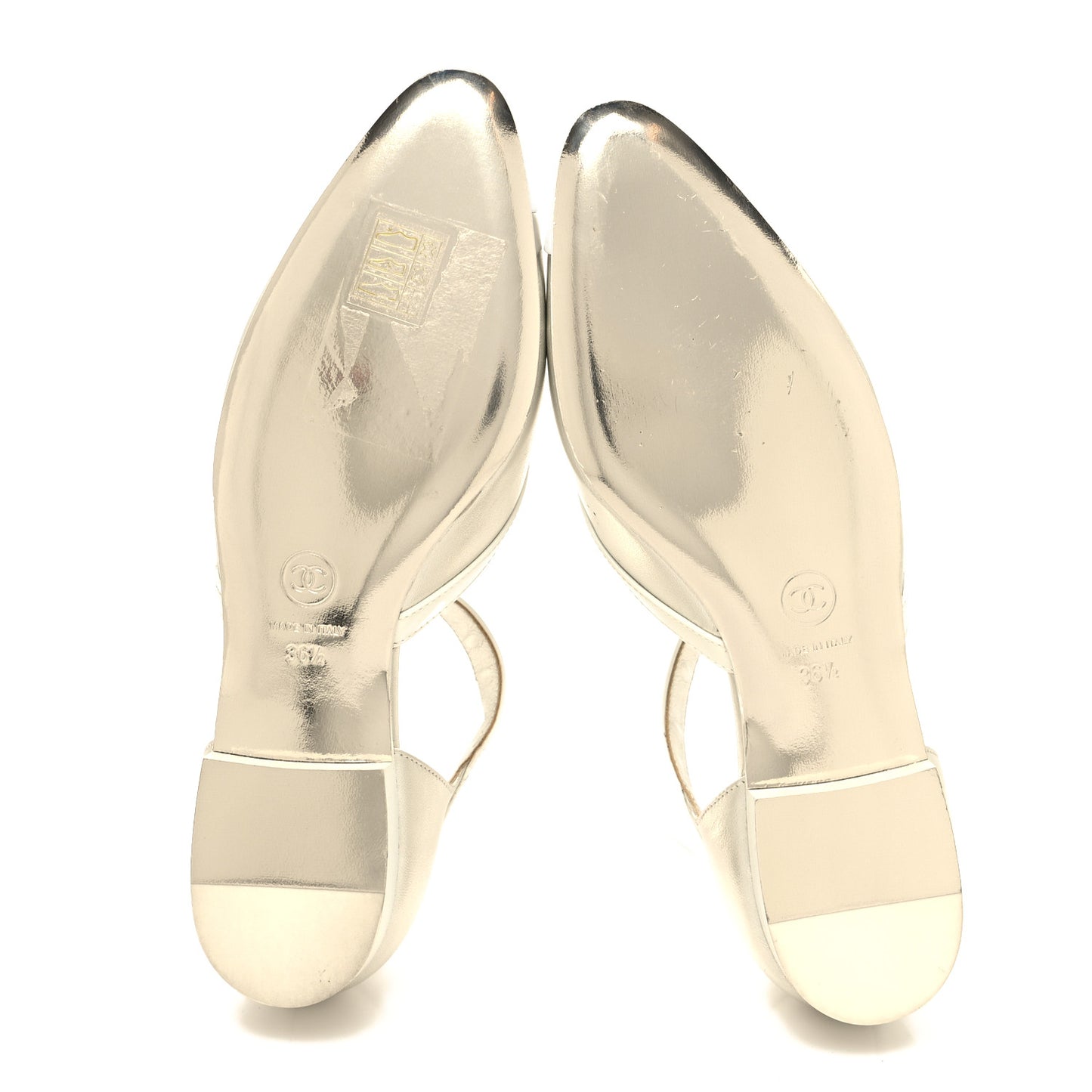 Metallic Lambskin Patent Calfskin Mary Jane Flats 36.5 White Silver