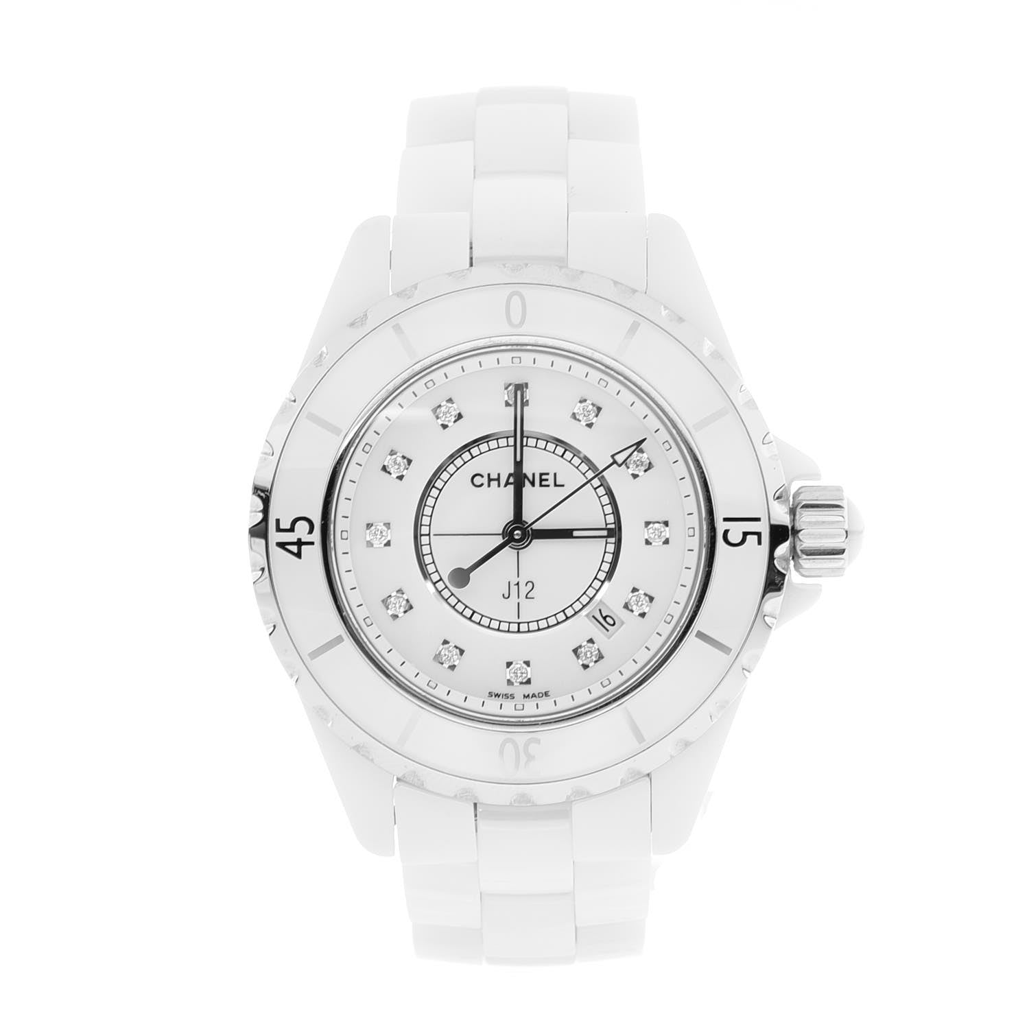 Chanel Stainless Steel Ceramic Diamond 33mm J12 Quartz Watch White 1 of 8