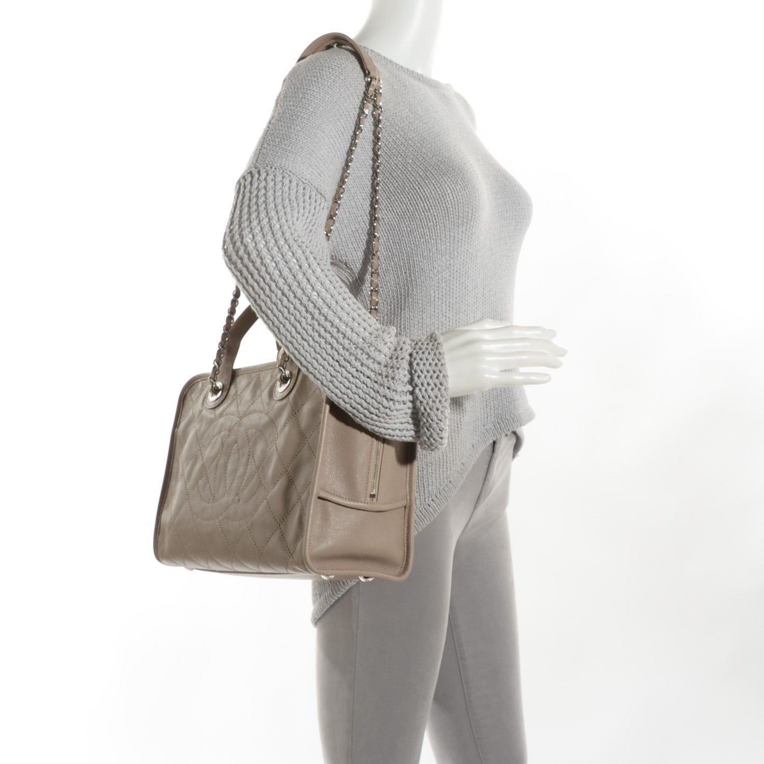 Chanel Caviar Quilted Deauville Bowling Bag Beige 2 of 7