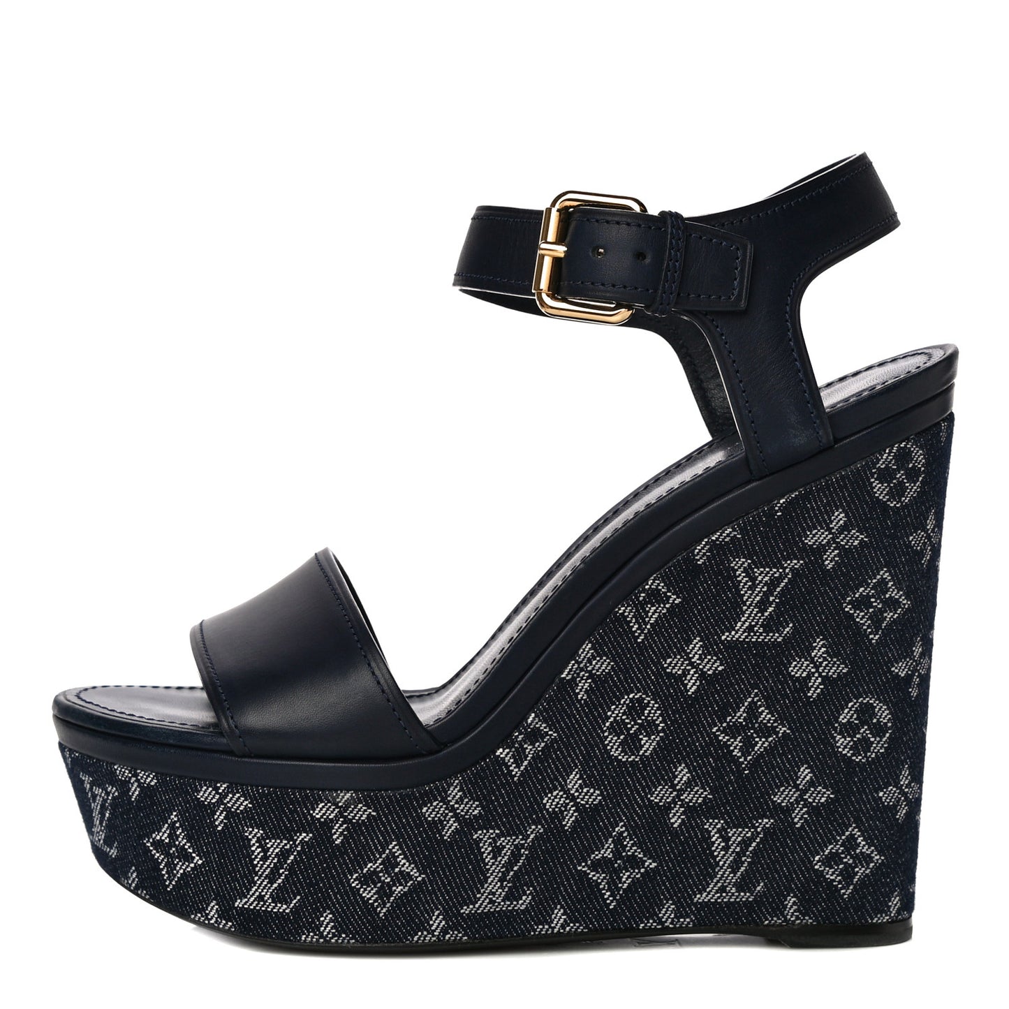 Calfskin Monogram Denim Waterfall Wedge Sandals 38 Blue