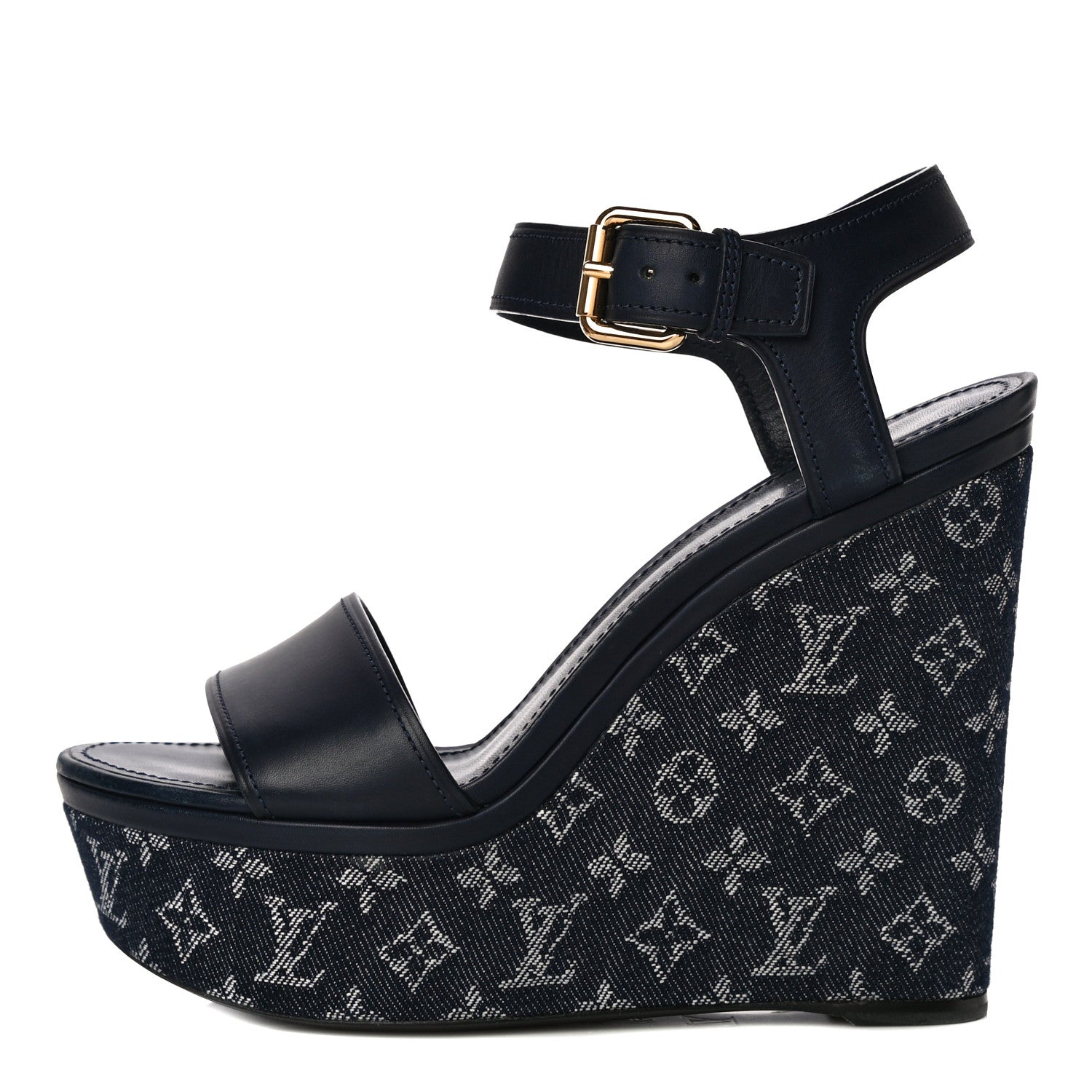 Louis Vuitton Calfskin Monogram Denim Waterfall Wedge Sandals 38 Blue 1 of 18
