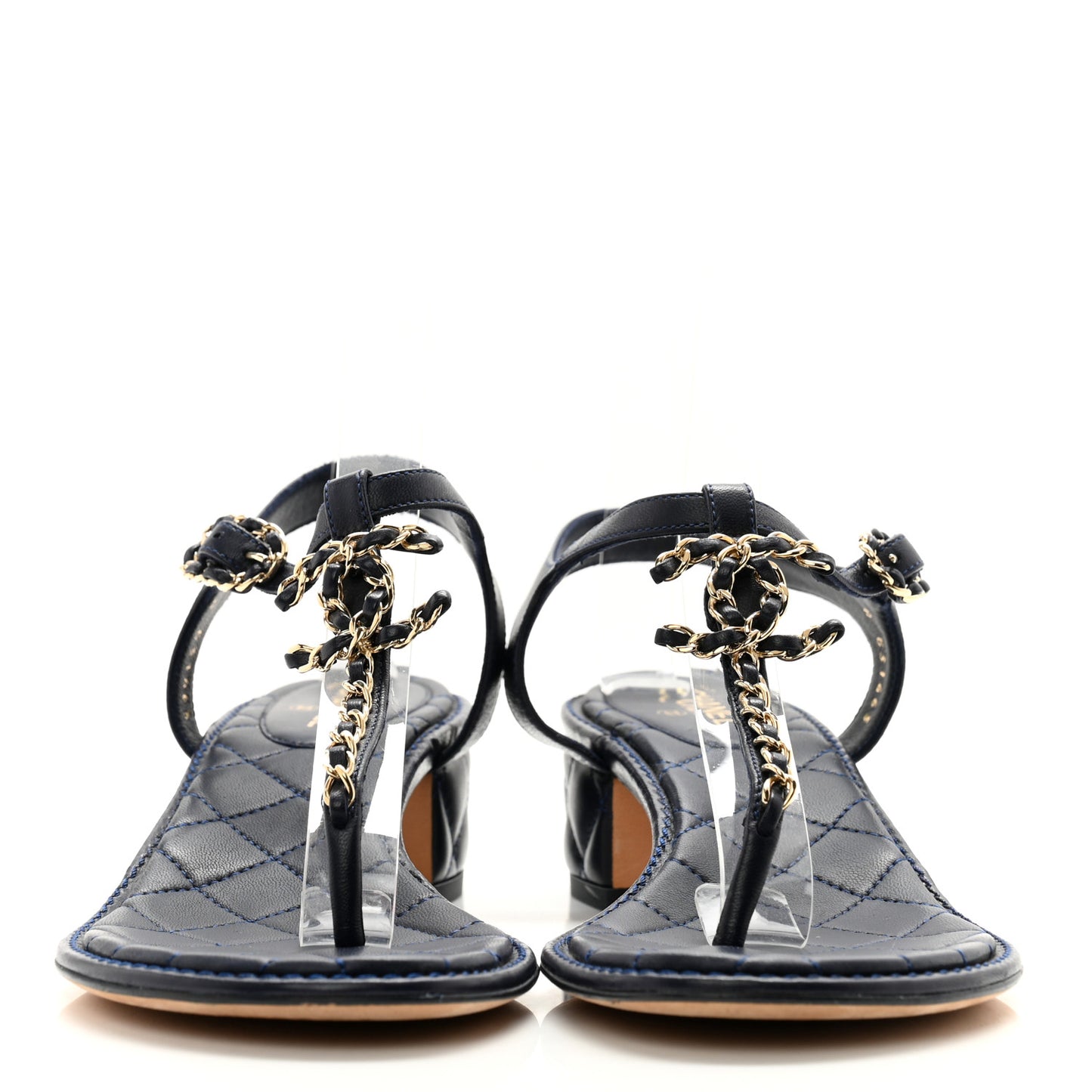 Lambskin Chain CC Logo Thong Sandals 39.5 Navy