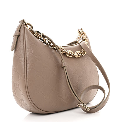 Gucci GG Grainy Calfskin Emblem Large Half Moon Shoulder Bag Taupe 3 of 11