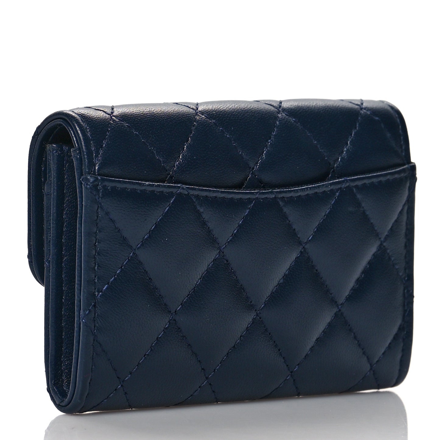 Lambskin Quilted Flap Card Holder Wallet Navy