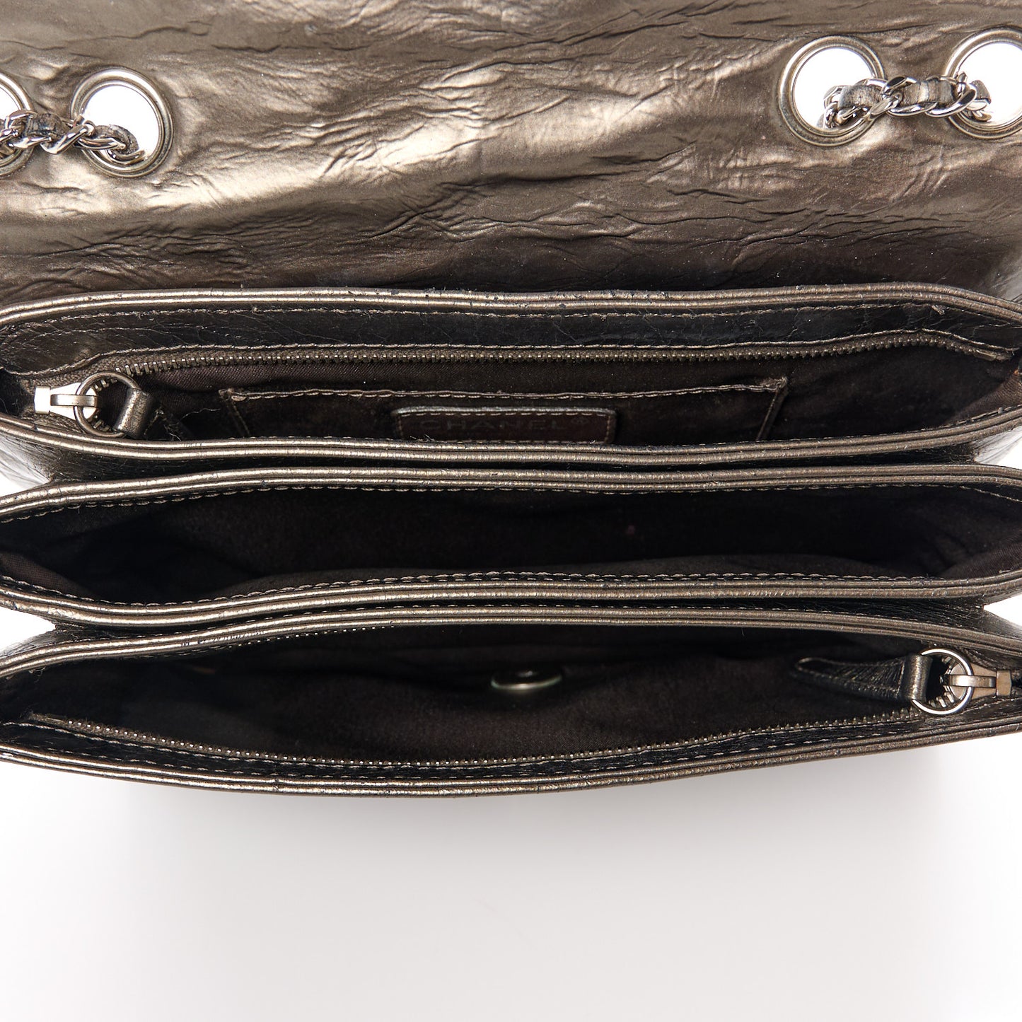 Metallic Crackled Calfskin Medium Clam's Pocket Flap Dark Silver