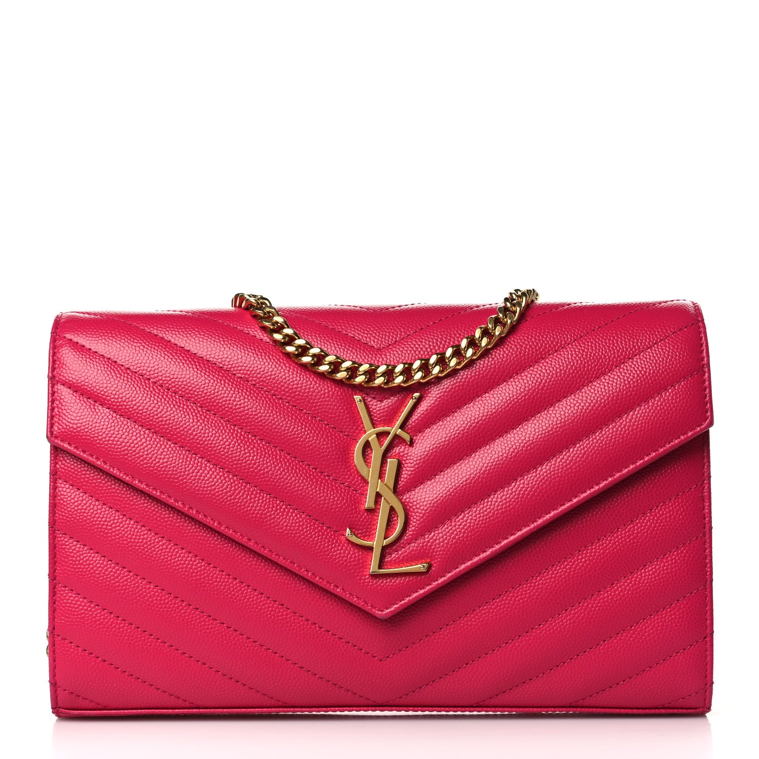 Saint Laurent Grain De Poudre Matelasse Chevron Monogram Chain Wallet Lipstick Fuchsia 1 of 9