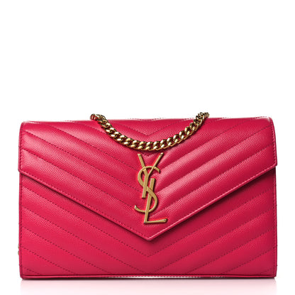 Saint Laurent Grain De Poudre Matelasse Chevron Monogram Chain Wallet Lipstick Fuchsia 1 of 9