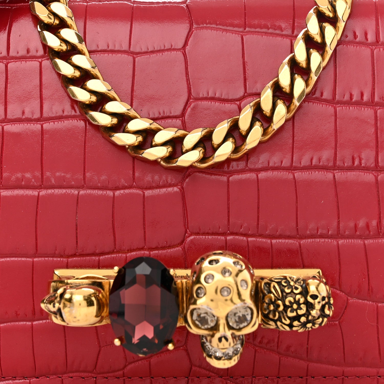 Alexander McQueen Calfskin Crocodile Embossed Jeweled Shoulder Bag Deep Red 7 of 9