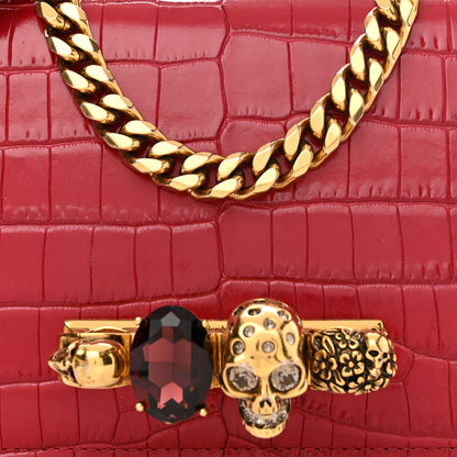 Alexander McQueen Calfskin Crocodile Embossed Jeweled Shoulder Bag Deep Red 7 of 9