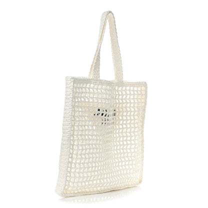 Prada Yarn Raffia Effect Crochet Logo Embroidered Tote Bag White 3 of 8