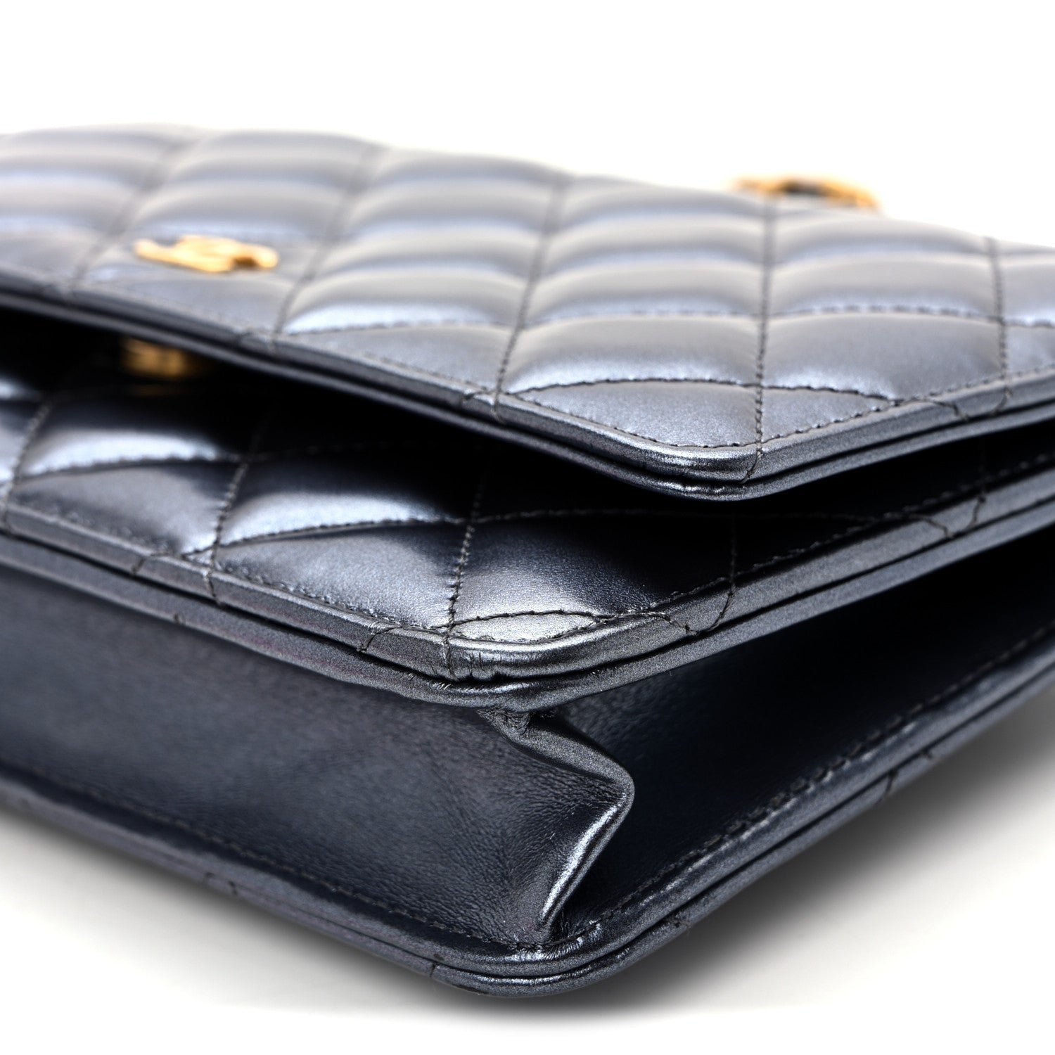 Chanel Metallic Calfskin Quilted Wallet On Chain WOC Navy Blue 11 of 12