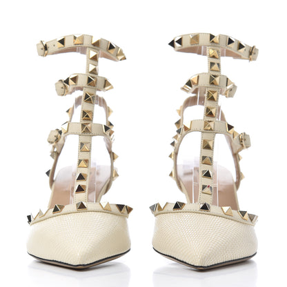 Valentino Garavani Lizard Rockstud Ankle Strap Low Heel Pumps 37 Ivory 2 of 11