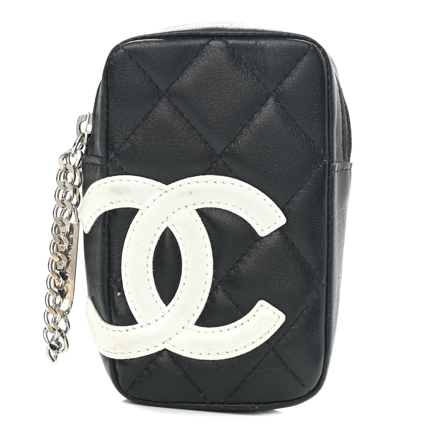 Calfskin Quilted Cambon Zip Around Cosmetic Pouch Black