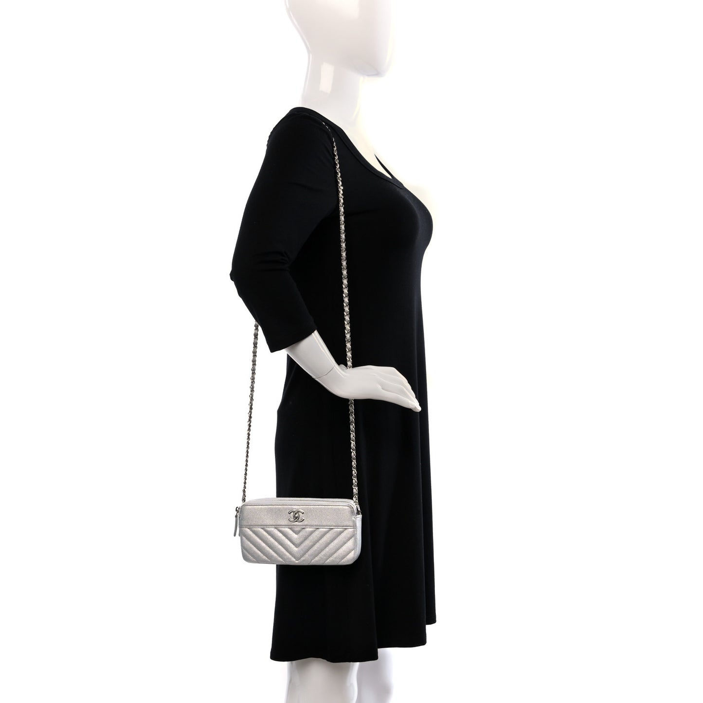 Metallic Caviar Chevron Quilted Small Vintage Mademoiselle Clutch With Chain Silver