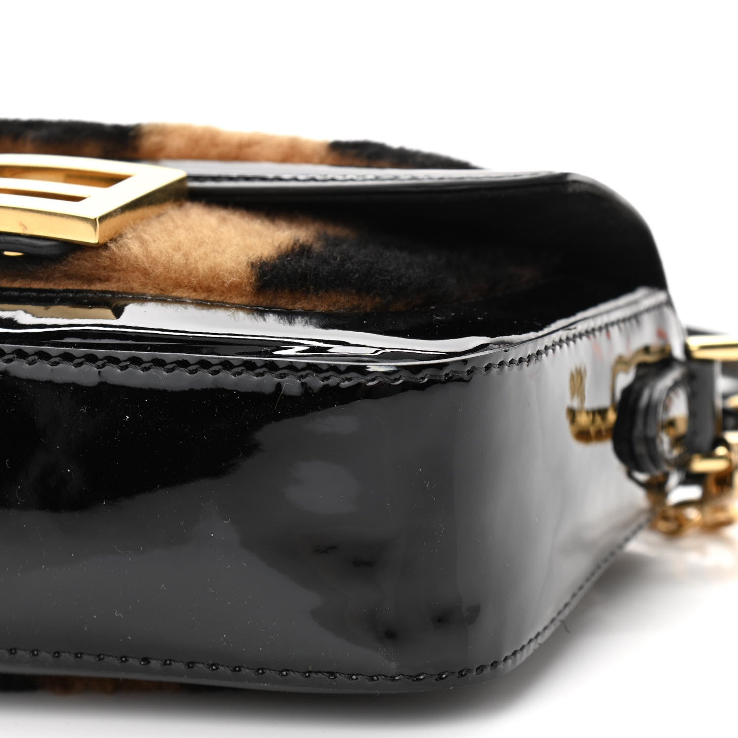 Fendi Shearling Vitello Vernice Mou Pequin Striped Mini Baguette Tobacco Black 11 of 11