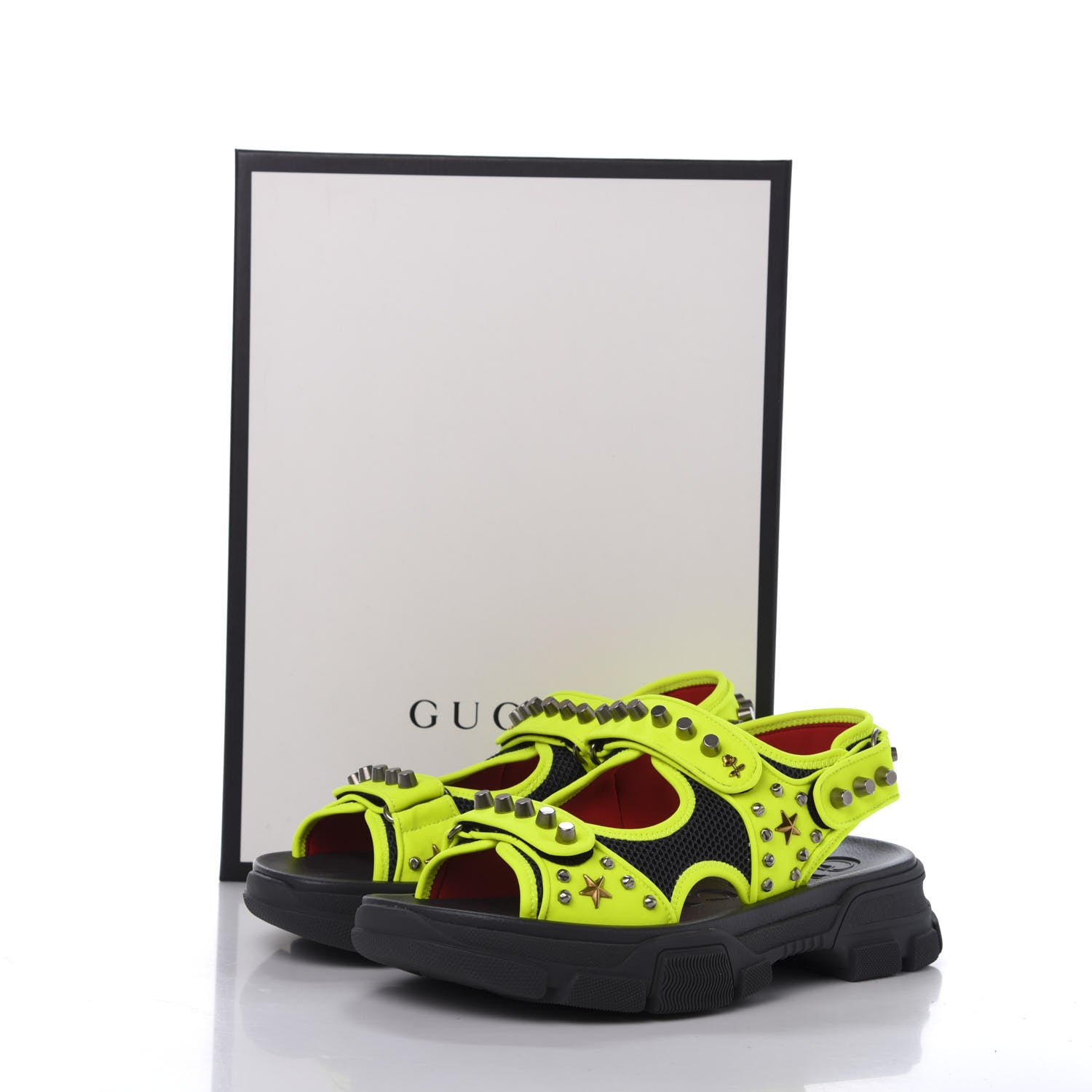 Gucci Technical Canvas Calfskin Studded Mens Aguru Sandals 10 Neon Yellow 8 of 8