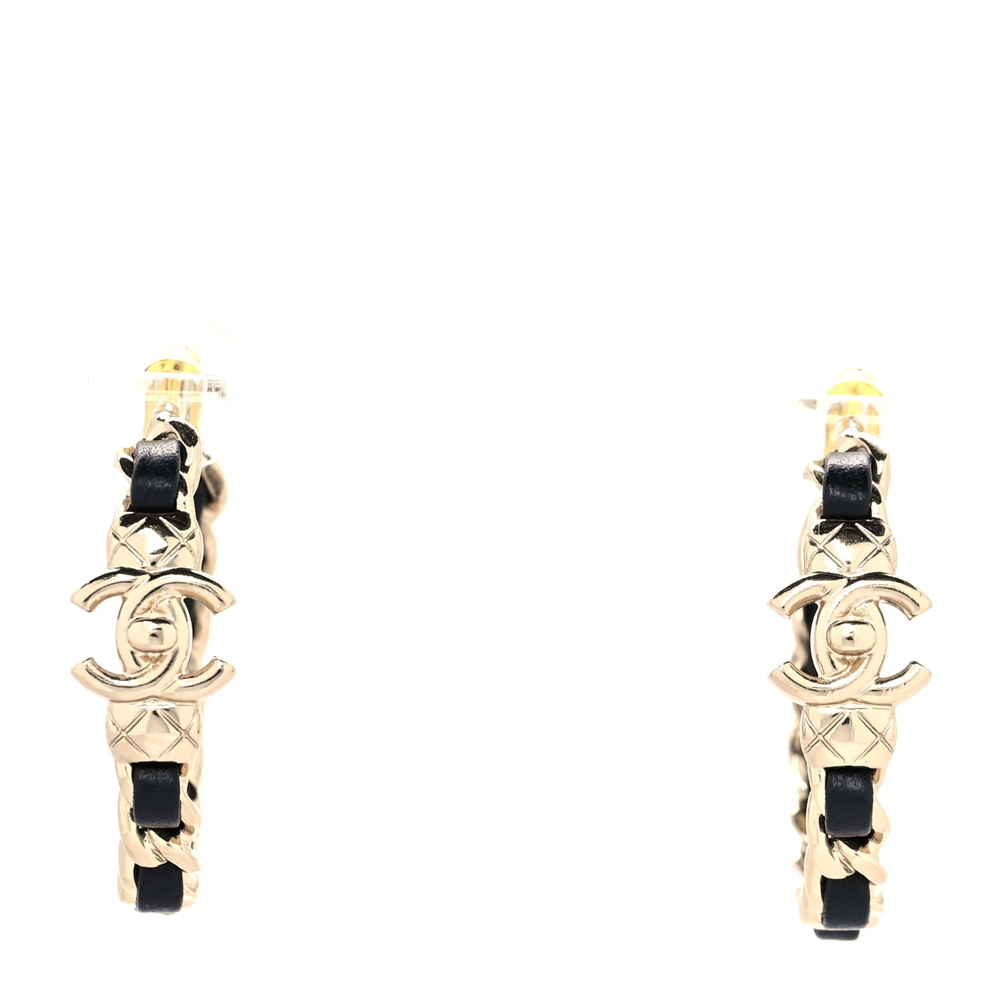 Metal Lambskin Quilted CC Turnlock Chain Hoop Earrings Gold Black