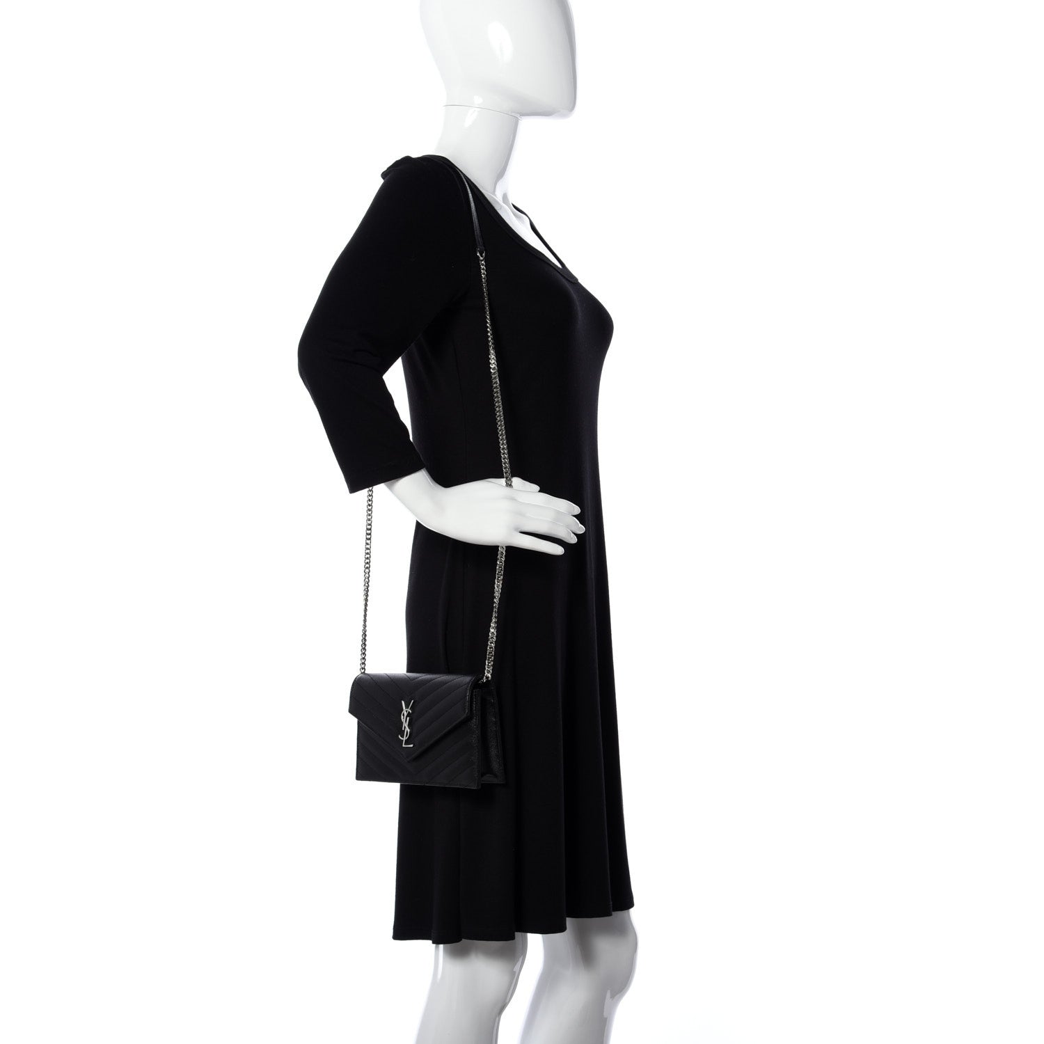 Saint Laurent Grain De Poudre Matelasse Chevron Monogram Envelope Chain Wallet Black 2 of 10