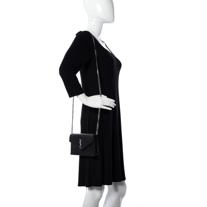 Saint Laurent Grain De Poudre Matelasse Chevron Monogram Envelope Chain Wallet Black 2 of 10